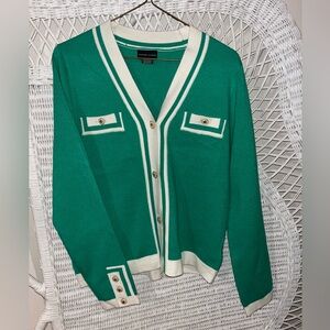 Adrienne Vittadini Teal and Cream Cardigan